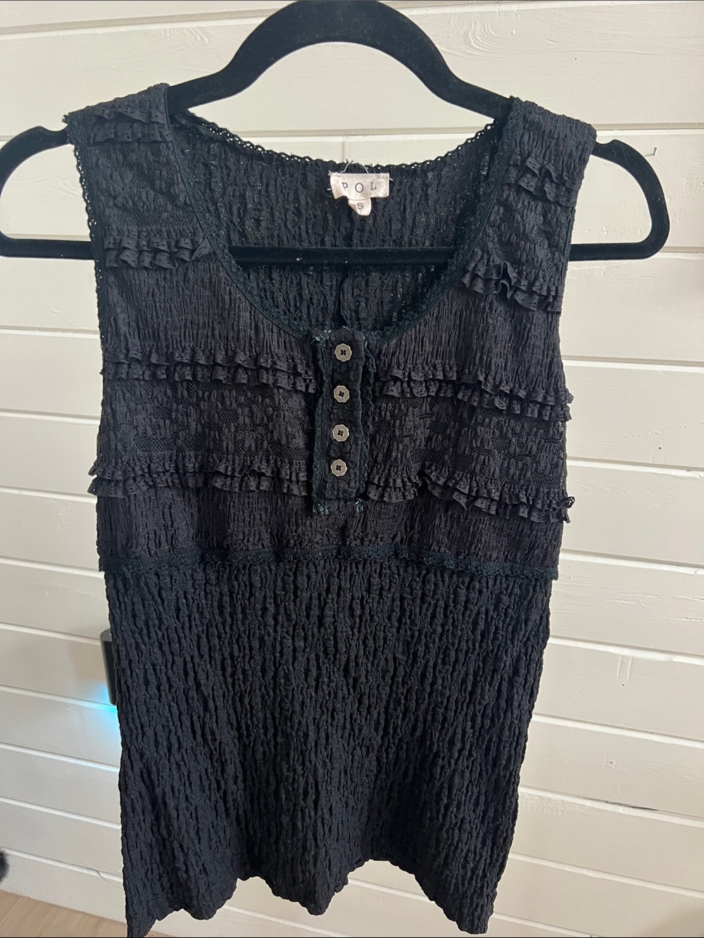 POL Black Ruffled Henley Tank Top